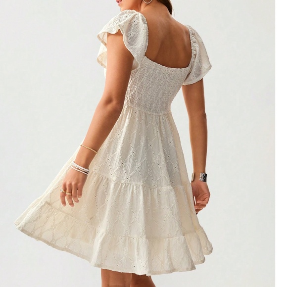 Boho Off White Smocked Short Sleeve Eyelet Dress - Picture 3 of 5